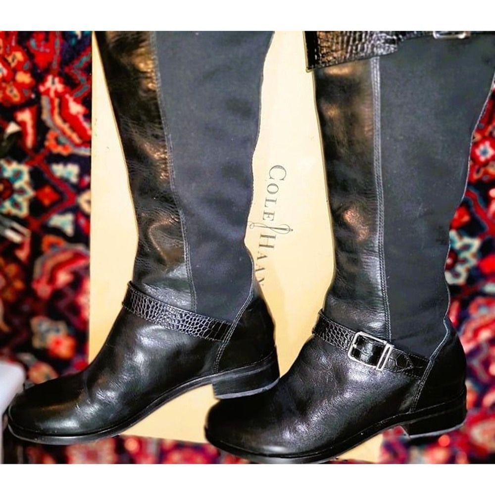 New Cole Haan Black Leather Tall Knee Riding Boots Stretch Buckles "Tennley" 7B